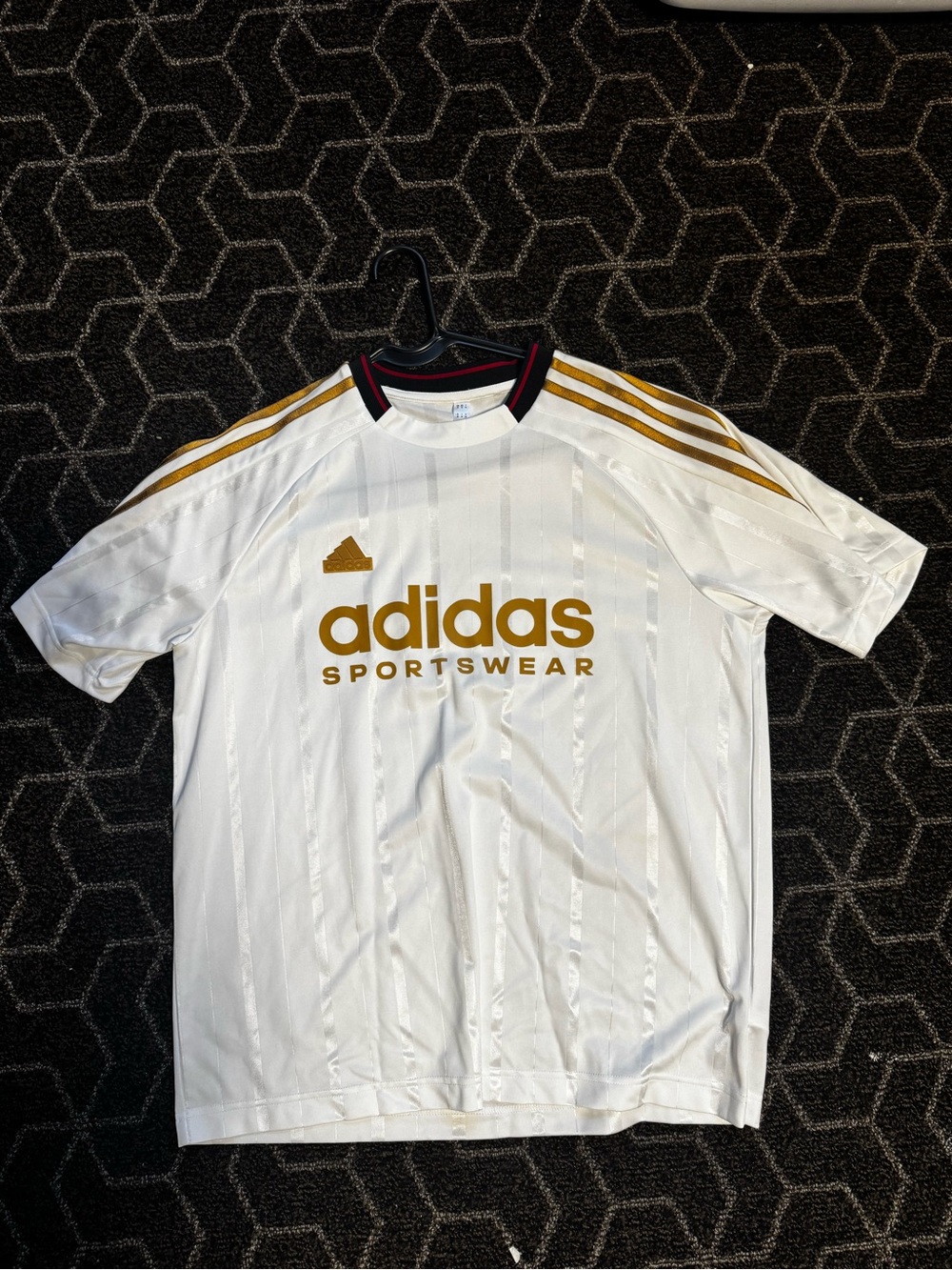 adidas White Tee with Gold Logo & Shoulder Stripes